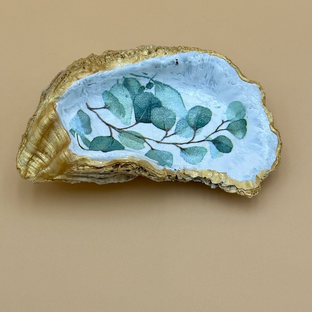 Decoupaged Oyster Shell Coastal Nautical Theme Trinket Tray Handmade New